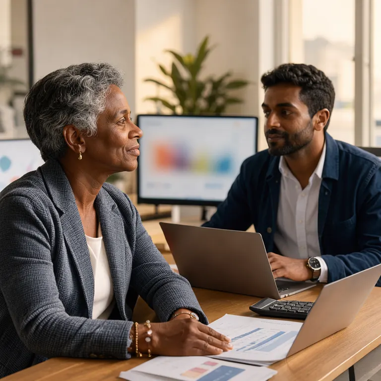A woman with short grey hair and a man in a dark jacket sit at a desk with laptops and a printed report, turned toward each other in conversation.