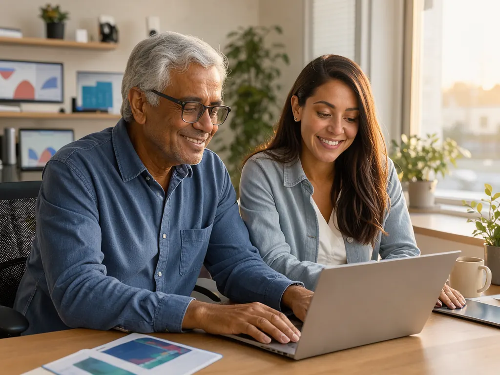 Two colleagues of different generations reading the same laptop screen by a sunlit window.